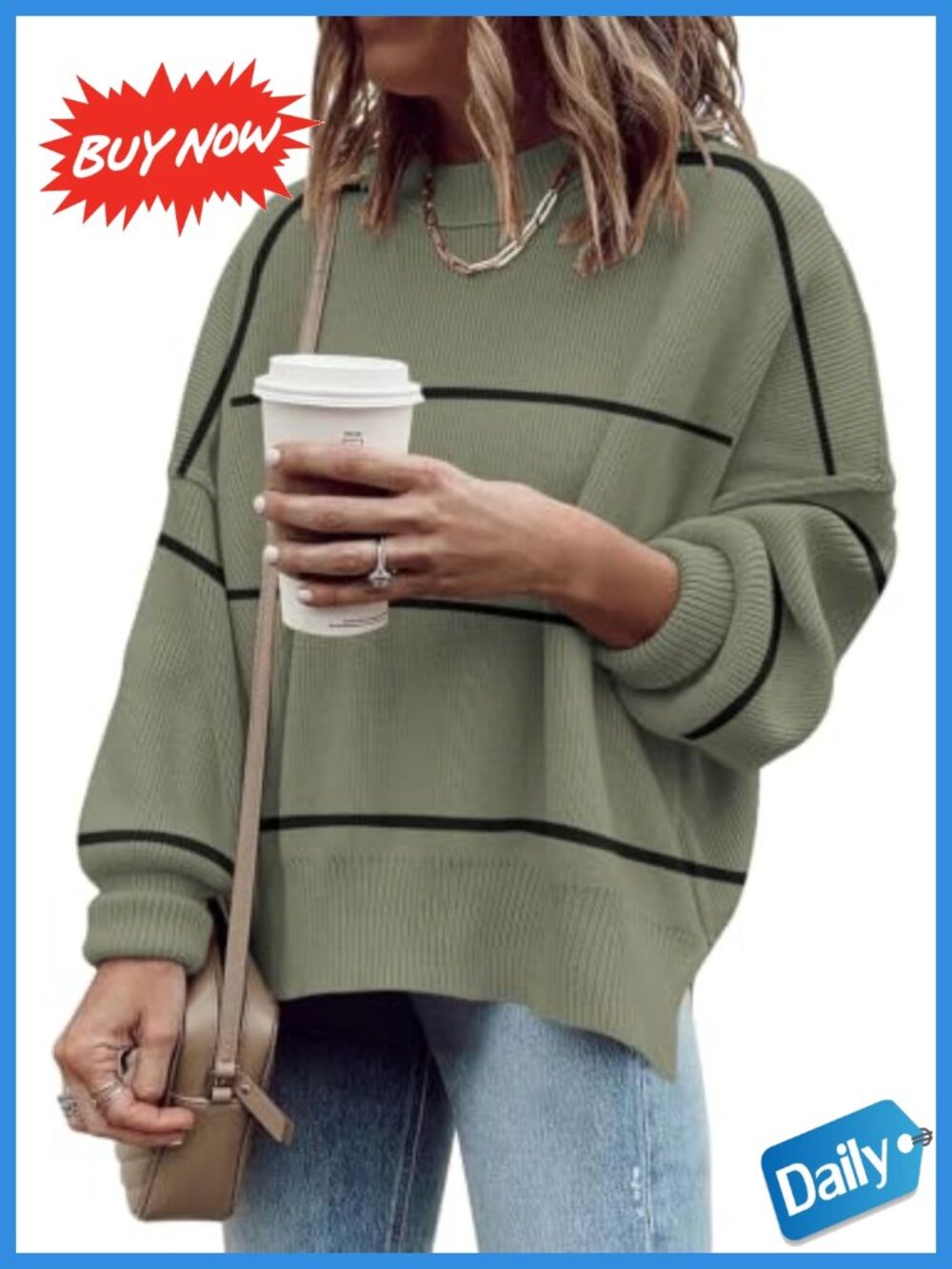 Womens Oversized Colorblock Knit Pullover Sweater Batwing Sleeve